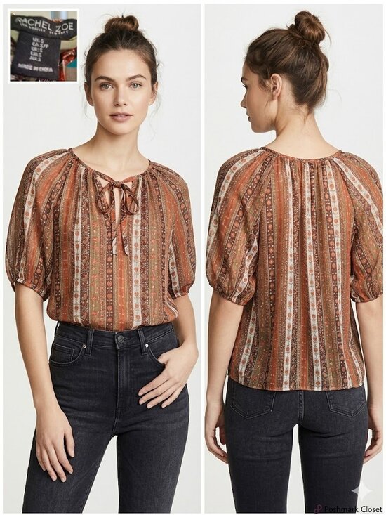 Rachel Zoe Tops - Rachel Zoe Boho Striped Floral Metallic Thread Blouse Size S